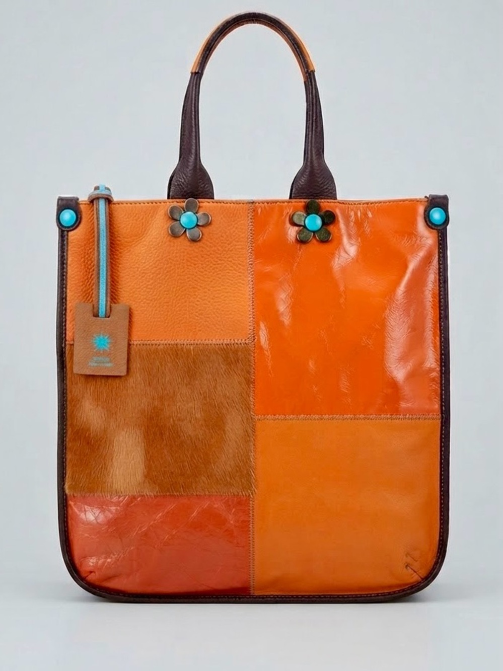GABS G3 Orange and Brown Patchwork Mixed-media Tote; Made in Italy